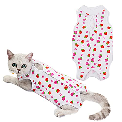 HACRAHO Combinaison de convalescence pour chat, 1 pièce - En coton fraise - Respirant - Chemise de protection pour chats après une chirurgie - Taille M Cover