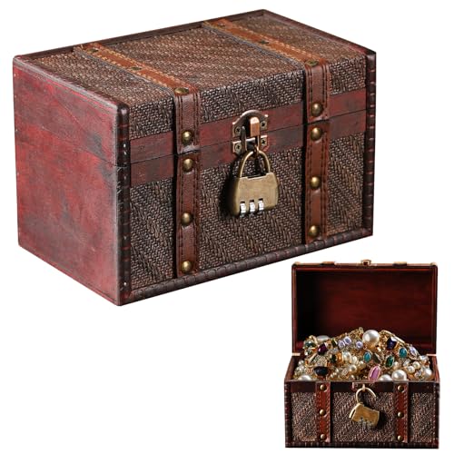 Vintage Schatzkiste Holz mit 3 Stelligem Zahlenschloss, Klein Piraten Schatztruhe mit Schloss, Retro Holzscheatzkiste Schmuckkästchen Aufbewahrungsbox für Aufbewahren und Dekorieren, 19*12*12.7 CM