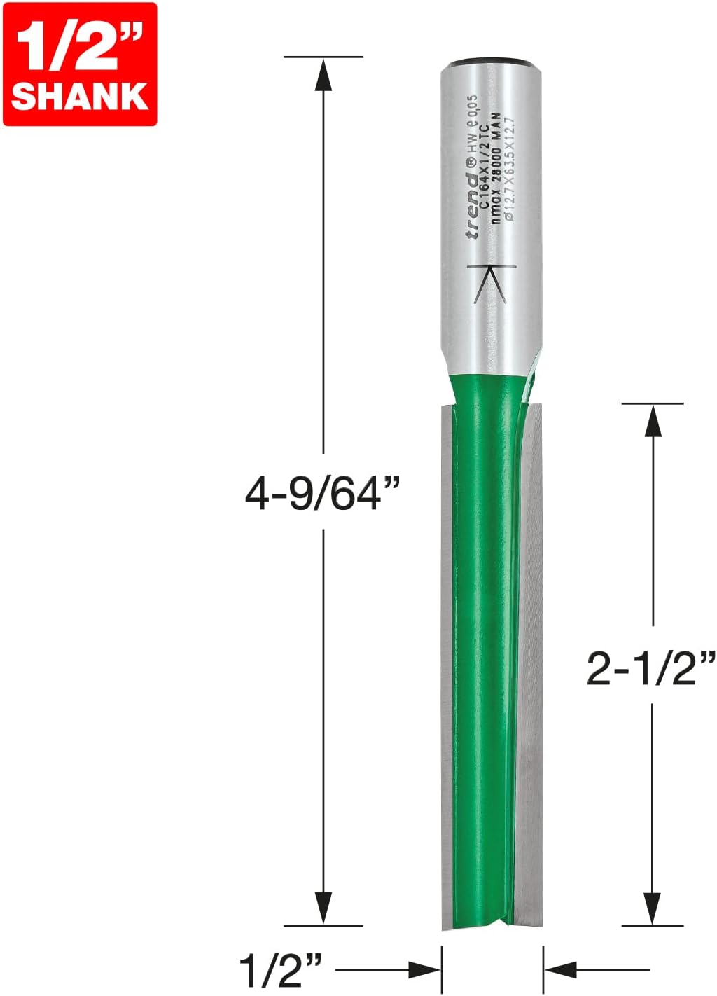 Trend CraftPro Straight Two Flute Cutter Router Bit, 1/2 Inch Shank, 1/2 Inch Cut Diameter & 2 11/16 Inch Cut Length, Tungsten Carbide Tipped, C164X1/2TC