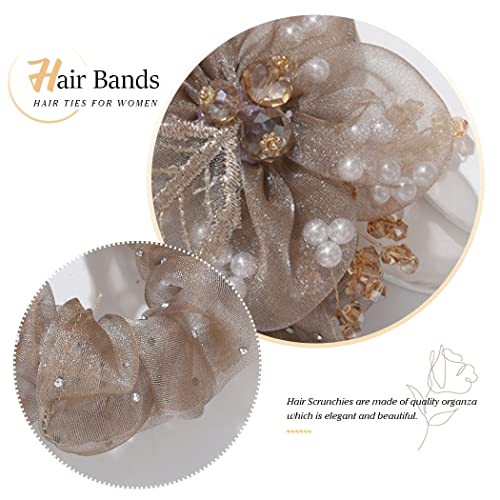 Brinie Flower Hair Scrunchies Pearl Champagne Hair Ties Elastic Hair Bands Bead Rhinestone Ponytail Holder Stretchy Hair Rope Ties Hair Accessories For Women And Girls (Type A) #TOP2