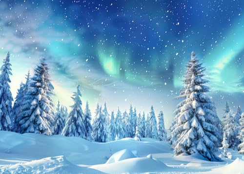 LYCGS 7x5ft Winter Wonderland Forest Photography Backdrop Christmas Tree Snowflake Aurora Photo Background X-446