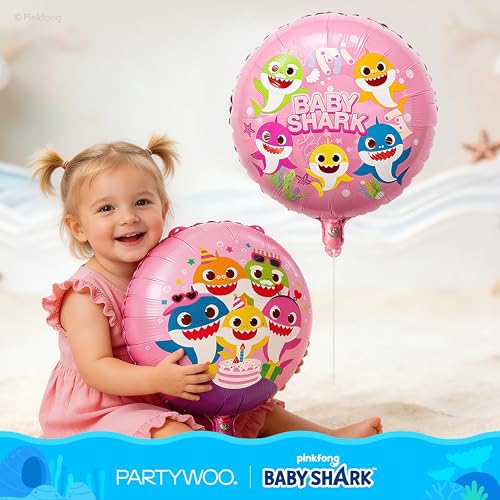 Image of PartyWoo Baby Shark Pink Foil Number 3 Balloon 5pcs 40 18 Inch Pink Round Star Mylar Helium Birthday Balloons for Boys and Girls Baby Shark Under the Sea Ocean Kids Third Birthday Party Decorations