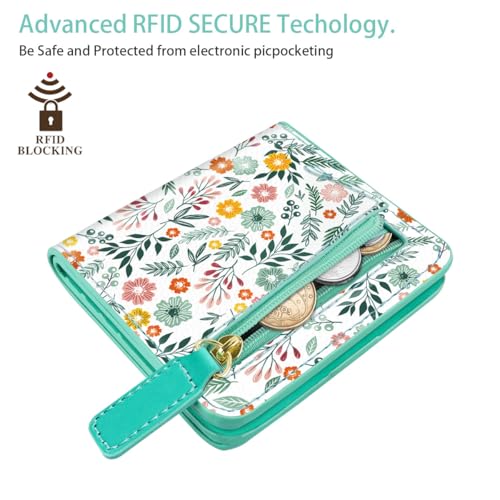 Image of Small Womens Wallet Thin Credit Card Holder Pocket Mini Purse | Compact Women Slim RFID Blocking Wallets Bifold Ladies Pocket Card Holders for Travel & Daily Use, Green Floral