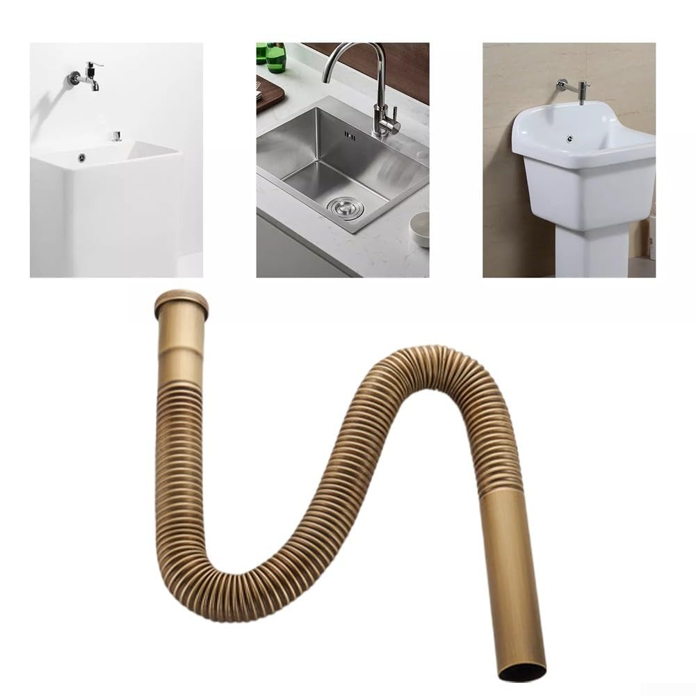 Manguera de drenaje flexible de latón antiguo expandible de 80 cm, tubo de descarga para fregadero de cocina y baño, DN30 estándar y fácil de instalar, solución de fontanería versátil