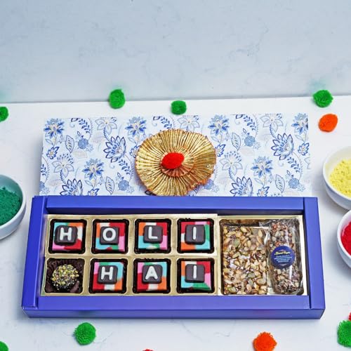Image of Velvet Fine Chocolates Premium Holi Chocolate Gift sweet tint box 7 assorted chocolates,1 pistachio truffle, 2 seeds squares,1 almond finger Holi Gift Pack for Kids, Family, Friends, Employees