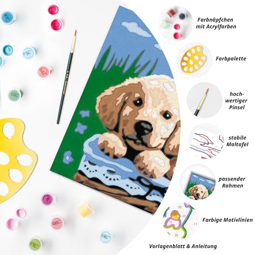 Ravensburger CreArt 27839 - Süße Hundewelpen - Malen nach Zahlen Hunde für Kinder ab 7 Jahre, Malset mit Rahmen, Pinsel und Acrylfarben, Geschenk für Mädchen und Jungen