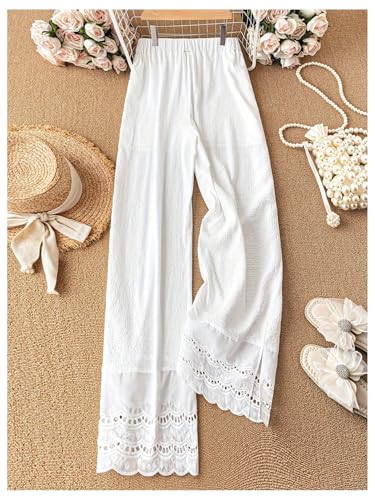 SHENHE Women's Summer Wide Leg Loose Pants Hollow Eyelet Elastic Waist Boho Vacation Trousers2