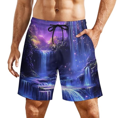 Moon Waterfall Mens Swim Trunks with Quick-Drying Lining Beach Shorts for Outdoor Sports