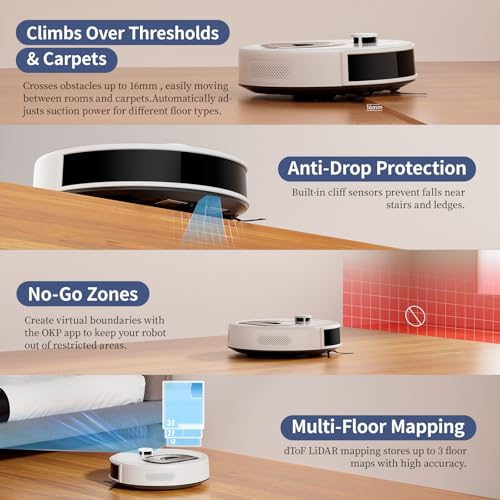 Image of OKP Life Robot Vacuum L6 Aqua,LiDAR Navigation, 3.7 inch Super Thin, 6000Pa Powerful Suction,150 Mins,Quiet, Self-Charging Robotic Vacuum Cleaner, 2.4G&5G WiFi,Cleans Hard Floors to Carpets, White