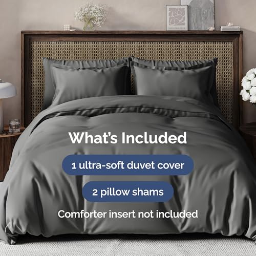 Image of Duvet Cover Queen Size - Soft 3 Piece Set with Zipper Closure - Charcoal | Extra Soft Queen Duvet Cover 90 inch x 90 inch with 2 Pillow Shams, Hotel Luxury w / Zipper Closures & Ties, Comfy & Breathable, Comfy