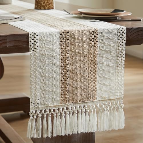 Image of ZeeMart Macrame Style Bicolor Stitching Table Runner, 14 x 60 Inch Taupe /Ivory, Boho Beige Table Runners 60 Inches Long, Farmhouse Woven Home Decor
