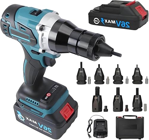 LYAYYDS Remachadora inalámbrica para Tuercas, 26 V, 4000 mAh, con batería y Mandriles M3-M12, Remachadora eléctrica de Alta Resistencia para reparación de automóviles 1x4000mah