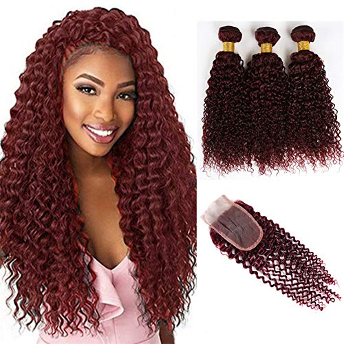 Brazilian Virgin 99J Curly Human Hair 3 Bundles with Closure Burgundy 4x4 Lace Closure Deep Curly Hair Bundles Kinky Curly with 100% Unprocessed Virgin Hair (10 12 14 with 10C, 99J/Burgundy)