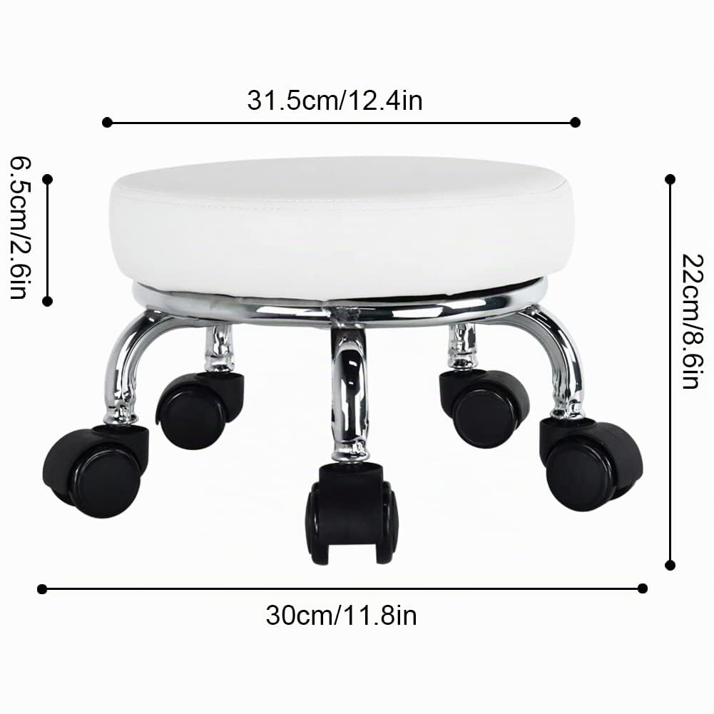 WKWKER Rollsitz PU Leder Low Round Rollhocker Kleiner Hocker mit Universal Drehrollen Rollen für Home Office Garage Shop Fitness Sport, H: 21.8cm (Weiß)