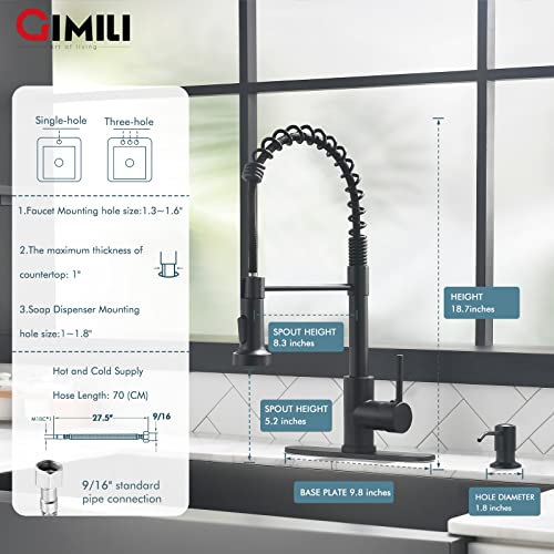 Image of GIMILI Matte Black Kitchen Faucet with Soap Dispenser, Commercial Single Handle Spring Pull Out Kitchen Sink Faucets with Pull Down Sprayer