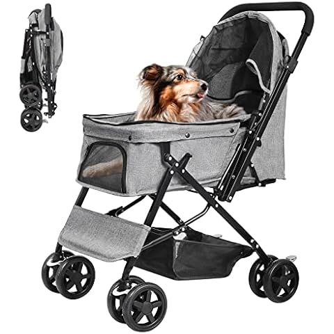 LPOTIUS Dog Stroller for Large Medium Dogs & Cats with Reversible Handle, Foldable Pet Stroller Travel Carriage with Large Storage Basket, Gray Cover