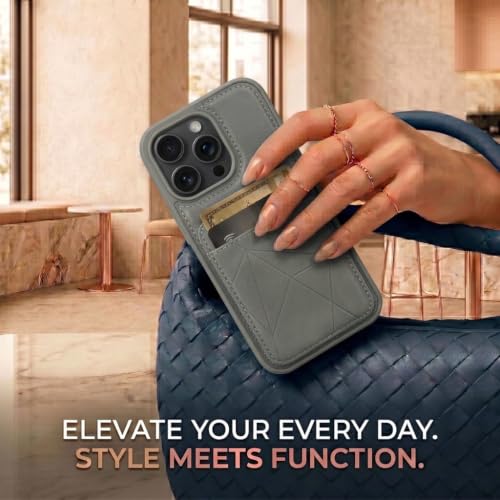 Image of amazon basics Premium Vegan Leather Back Cover with Card Holder and Integrated Mobile Stand for iPhone 17 - Slim Shockproof Wallet Case with Geometric Stitching [Gray]