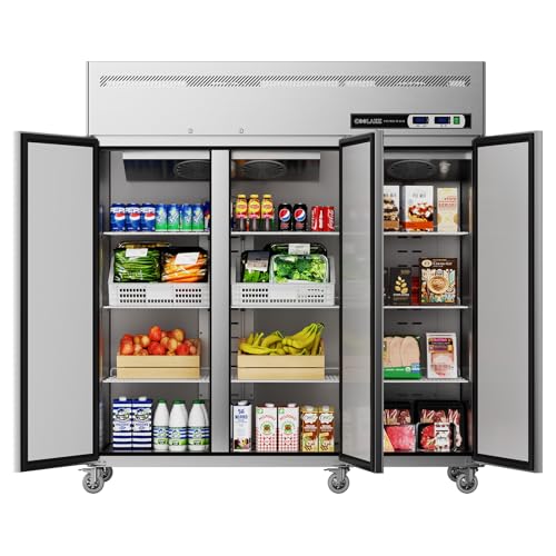 Coolake Commercial Upright Freezer Refrigerator Combo, 72” W Dual Temp Zones, 54 Cu.ft Stainless Steel, 3 Door Reach in Freezer for Restaurant Bar Shop Kitchen Garage School Church