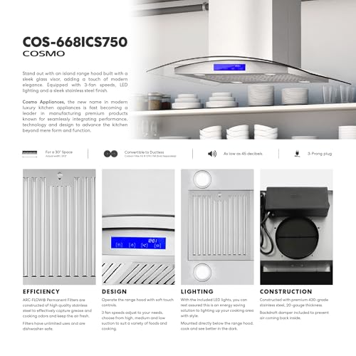 COSMO COS-668ICS750 30 in. Lumin Collection 380 CFM Ducted Island Range Hood, Soft Touch Controls, LED Lights, Stainless Steel