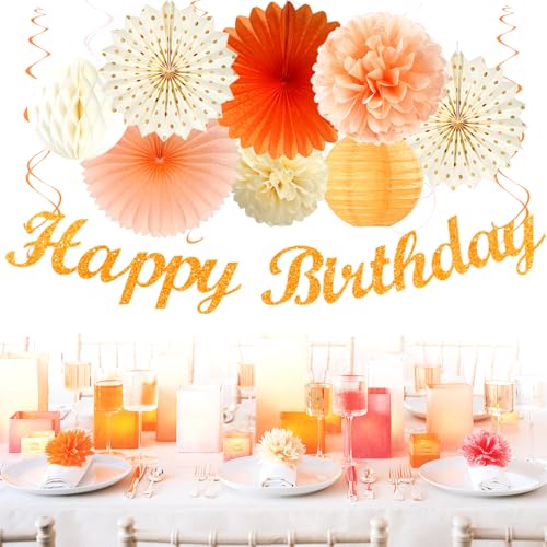 Image of Orange-Beige Fal Boho Birthday Party-Decorations - 21pcs Autumn One Two Sweet Peach Happy Banner,Girls Groovy Paper Streamers Lanterns Honeycomb,Tissue Pom Poms Fan,Hippie Garland Decor Huglony
