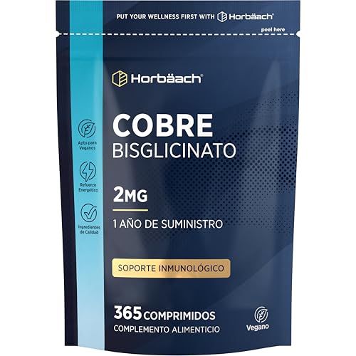Cobre Suplemento 2mg | 1 Año de Suministro - 365 Comprimidos Veganos | Mineral Bisglicinato de Cobre | Alta Biodisponibilidad | Horbaach