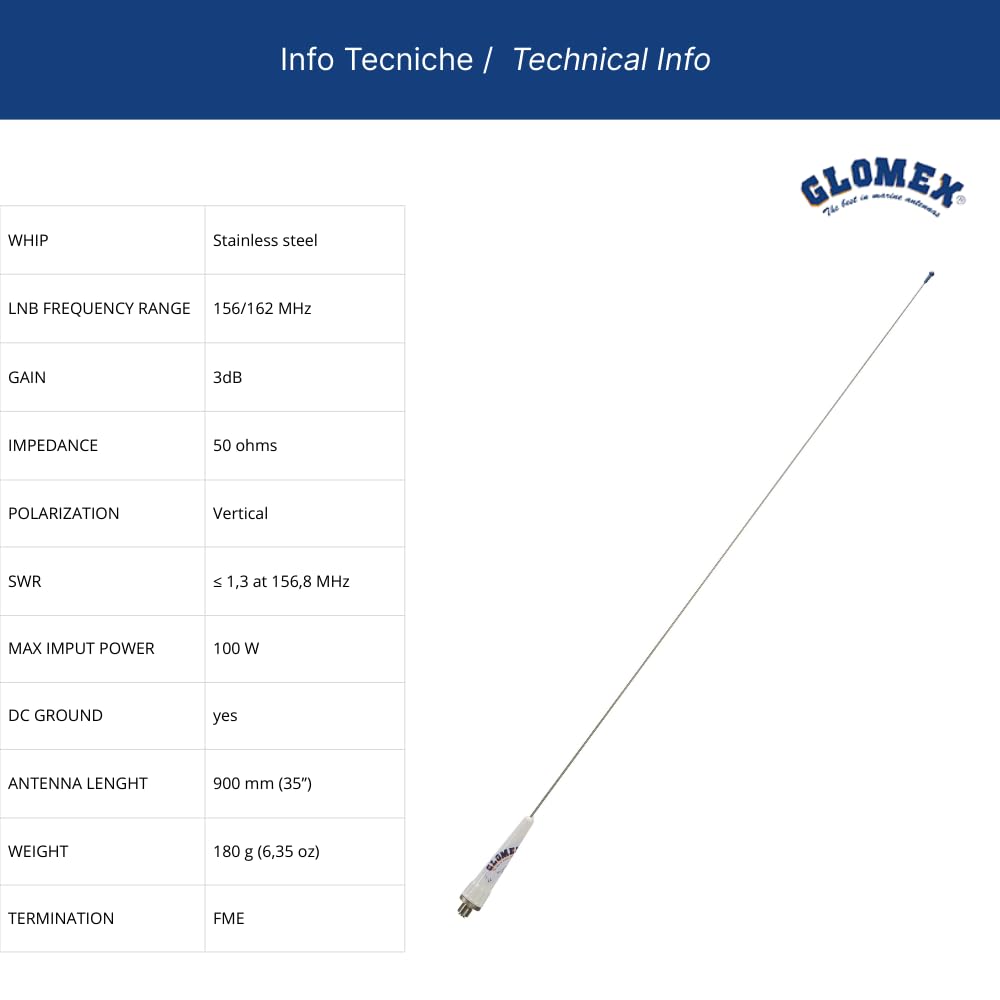 Glomex – Antenna VHF Glomeasy Leisure 0,9m (Acciaio Inox), Modello RA106SLSFME – Installazione Rapida Fast Fitting FME, Per barche a vela, motore, gommoni, yacht – Flessibile e Ultra Resistente