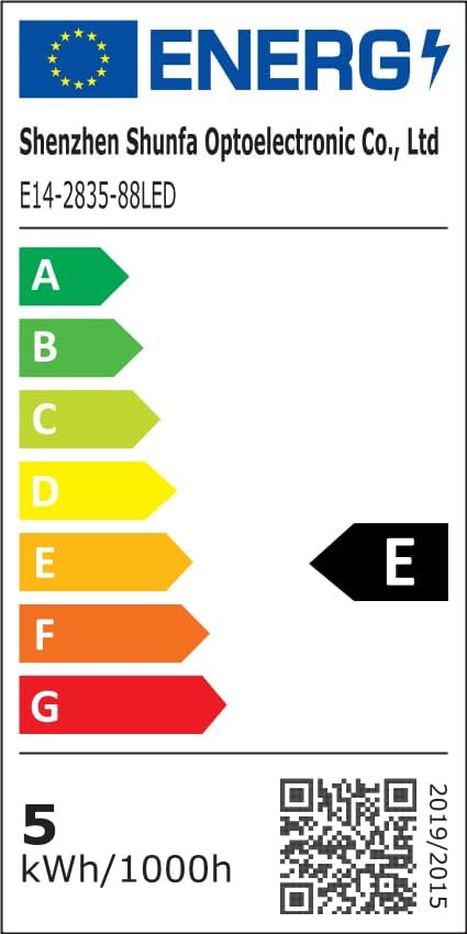 EU Energy Label for the I-SHUNFA E27 LED bulb, showing an energy efficiency rating of E and energy consumption of 5 kWh/1000h.