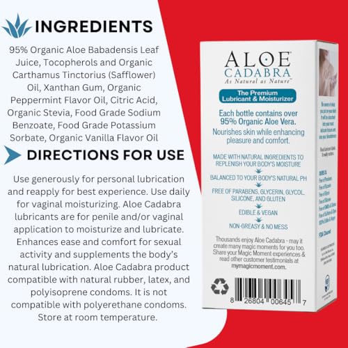 Image of Aloe Cadabra Flavored Personal Lubricant and Vaginal Moisturizer, Organic Edible Aloe Lube for Men, Women and Couples, Non-Staining, pH Balanced, Toy Compatible (Peppermint, 2.5 Ounces, 1 Pack)