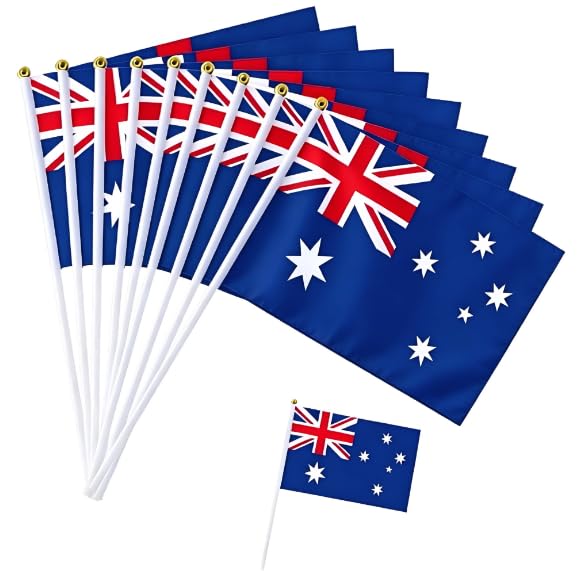 10Pcs Small Australia Flags on Stick for Fifa World Cup Football 2026 Decoration, 14X21cm Mini Australia Flag, Hand Waving Flag for Eurovision Euro Football Australian Party Sports Decorations