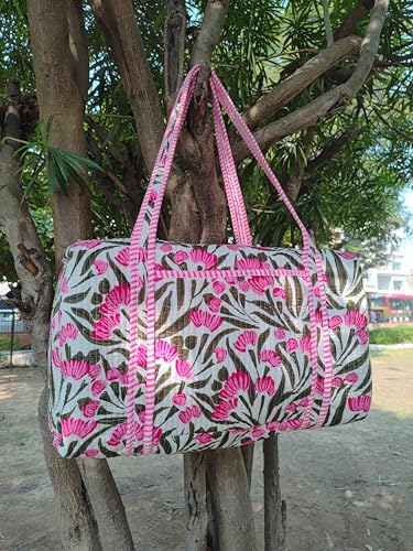 Indian Block Print Quilted Bag, Decorative Floral Print Weekender Bags, Beautiful Colorful Travel Overnight Bags, Large Size Handmade Cotton Quilted Duffle Bags For Women Gifts4