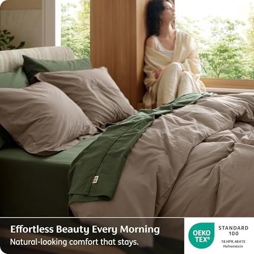 Image of Bedsure 100% Washed Cotton Duvet Cover Queen Size - Light Brown Minimalist Bedding Set Linen Like - PureWoven Plain Simple & Soft Comforter Cover 3-Piece, 3 Pieces (Light Brown, Queen, 90 inchx90 inch)