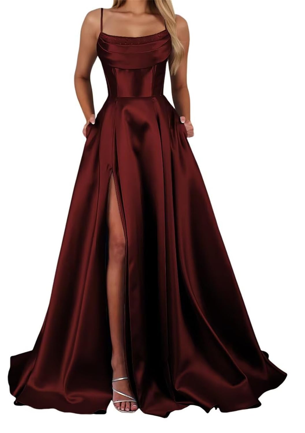 Yiann Women's Burgundy Satin Prom Dresses With Slit Spaghetti Strap Formal Dress Sleeveless Long Ball Gown Uk8