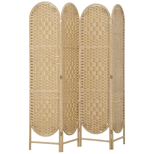 HOMCOM Biombo Separador de Ambientes de 4 Paneles, 160x170 cm, Pantalla de Privacidad Plegable Bohemio, con Parte Superior Arqueada, Tejido a Mano, Divisor Ligero para Oficina, Dormitorio, Natural