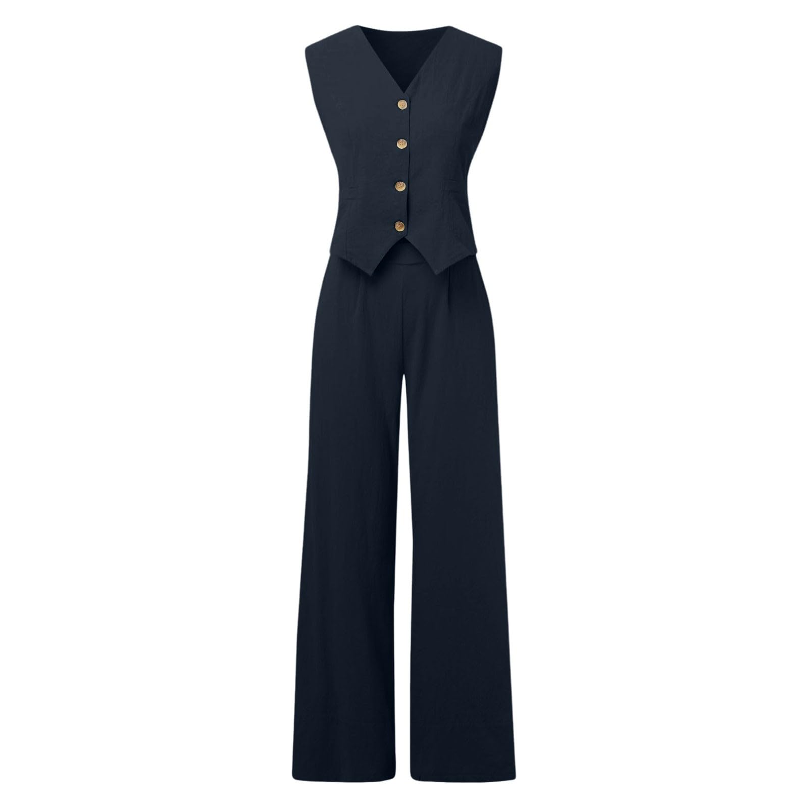 2-teiliges Freizeit-Outfit Baumwolle für Damen, ärmellose Weste mit Knopfleiste, gerade geschnittene Hose mit weitem Bein Taschen Jumpsuit Hochzeit Braut Damen Sommer Outfit