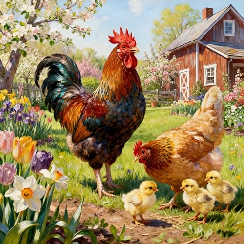Image of KYOQFVN Farm Counted Cross Stitch Kits for Adults, Rooster Stamped Cross Stitch Kits, Needlepoint Cross-Stitch Patterns Embroidery Kits Arts and Crafts for Home Decor 14x14Inch