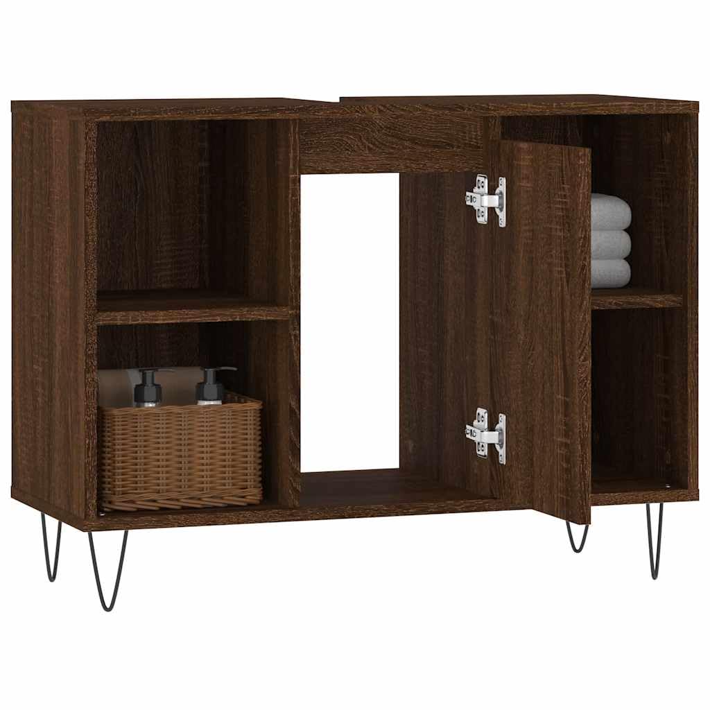 Armoire Salle de Bain chêne Marron Bois d'ingénierie 80x33x60cm avec Porte réversible Rangement Meuble lavabo Vasque Colonne tiroir pour Organiser Accessoires sanitaires