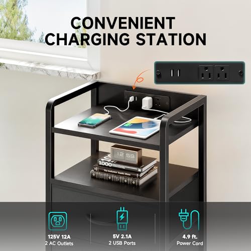 Night-Stand-Bedside-Table-Bedroom-Nightstand-with-Charging-Station-LED-Light-Strip-Bed-Side-Table-with-Storage-Shelf-3-Fabric-Drawers-Morden-Black-End-Table-with-U-S-B-Ports-AC-Outlets