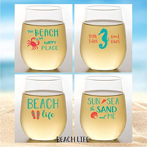 Set of 4 Designer COASTAL Shatterproof Plastic 16 oz Stemless Wine Glass