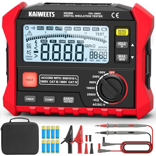 KAIWEETS Isolationswiderstandsmessgerät bis zu 200 G Profi-Megohmmeter 100 V/250 V/500 V/1000 V/2500 V One-Touch-DAR/PI misst Widerstand Wechsel-/Gleichspannung für HLK Motoren Solar