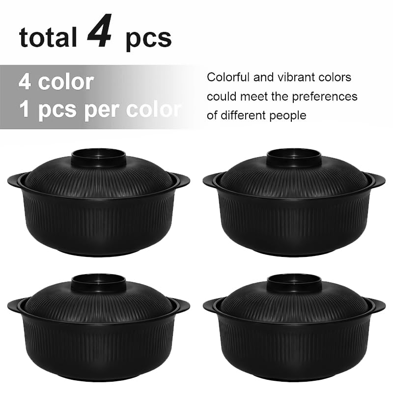 Image of Black 40oz Cereal Bowls with lids set of 4,Microwave Safe,Family&Camping