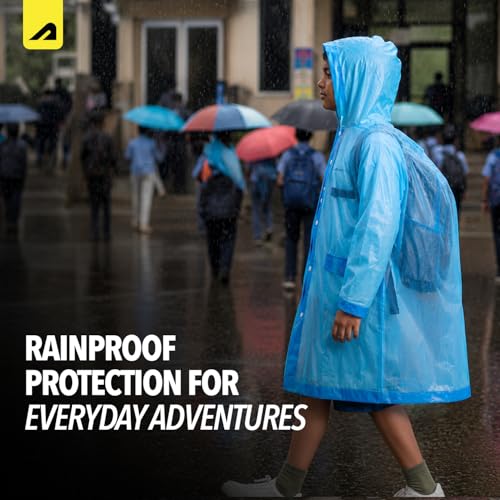 Image of Boldfit Raincoat for Kids Smart Back Long Raincoat with Hood Waterproof Rain Coat for Boys & Girls Lightweight School Poncho Jacket with Pockets & Buttons