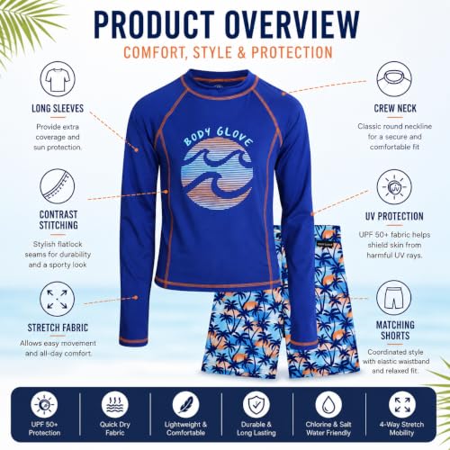 Image of Body Glove Boys Swim Set - 2 Piece Boys Swim Trunks with Rash Guard UV Protection Swimsuit Kids Bathing Suits (Sizes 4-12)