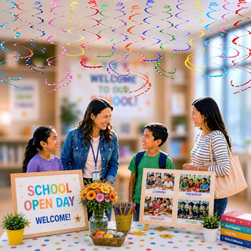 Image of HonuGoGo 48-Piece Paper Swirl Decorations for Ceiling, Bright Polka Dot Multi-Color Single & Double Spiral Hanging Decor with Playful Style for Birthday Parties, Carnival & Classroom Celebrations
