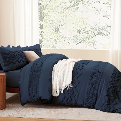 Image of Luxudecor Navy Blue Boho Tufted Comforter Set Queen Size 3 Pieces Boho Shabby Chic Comforter Farmhouse Embroidery Bedding Set Soft Comforter for All Seasons (Navy Blue, 90''x90'')