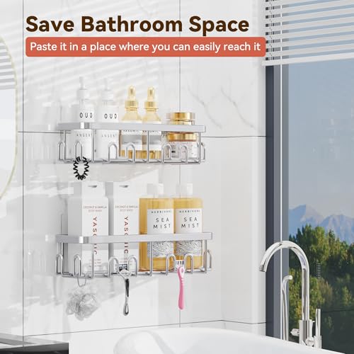 Image of YASONIC Shower Caddy Adhesive, 100% Rustproof Shower Organizer, Large Capacity Shower Shelves for Inside Shower, No Drill Shower Storage for Home (2 Pack Silver)