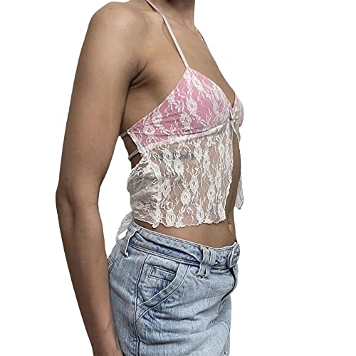 Women Y2k Front Tie Lace Trim Crop Top Sexy Sheer Mesh Sleeveless Open Back Slim Fit Vest Camisole Streetwear2