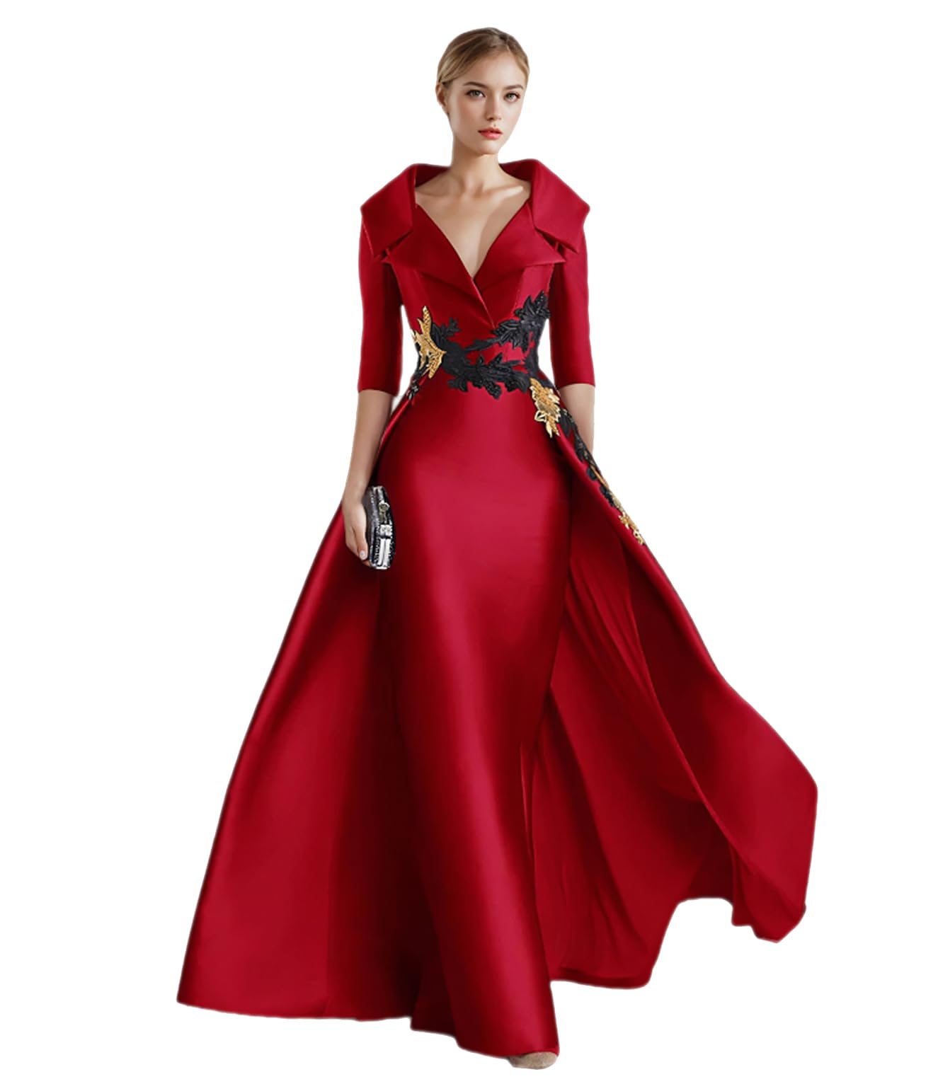 Elegant A-Line Satin Evening Dress Shirt Collar 3 4 Length Sleeve Floor Length Appliques Formal Dress 2025