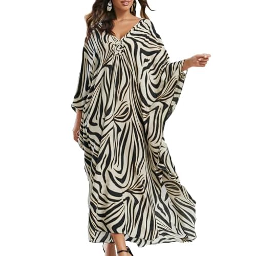 Eddoyee Women Animal Print Kaftan Dress Long Sleeve Beach Bathing Suit Cover Ups V-Neck Plus Size Caftan Zebras