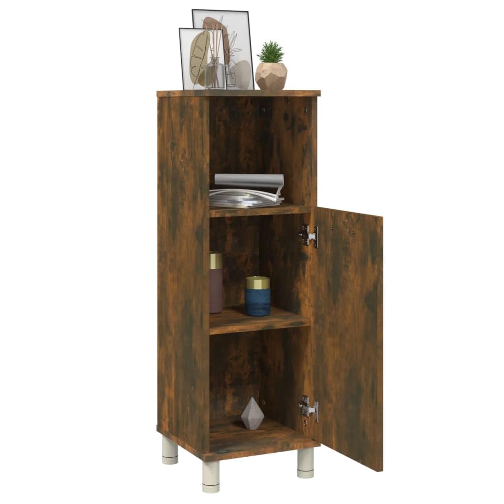 Armario de baño de roble ahumado de madera de 30 x 30 x 95 cm con 3 compartimentos y puerta, independiente, soporte alto, soporte de pared para baño, lavadero e inodoro de invitados
