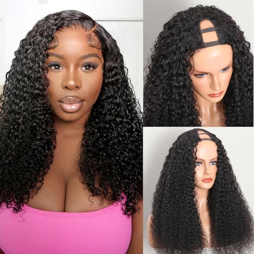 TINICOO 18 Inch Curly U Part Wig Human Hair Deep Curly U Part Human Hair for Black Woman Wig 200% Density Glueless Full Head Clip in Half Wig U Shape Wig Natural Color